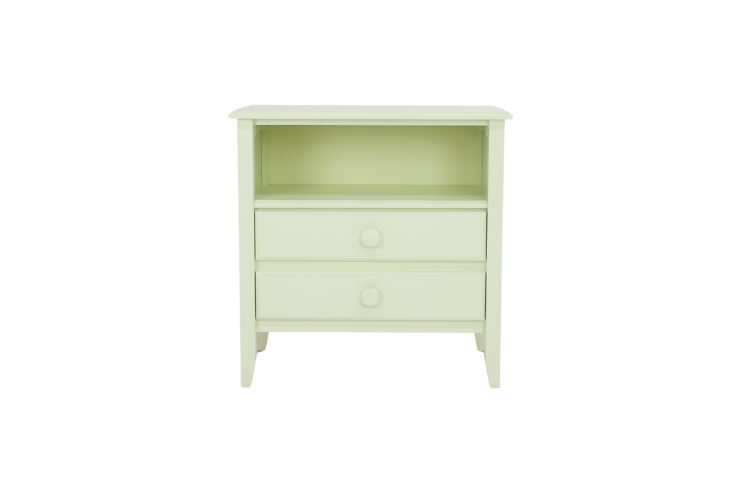 2-Drawer Open-Top Bedside Chest with Large Mushroom Knobs in Reflection