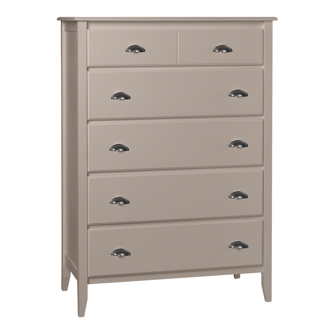 5-Drawer Wide Chest with Beadboard Panels and Pewter Cup Pulls in Goose