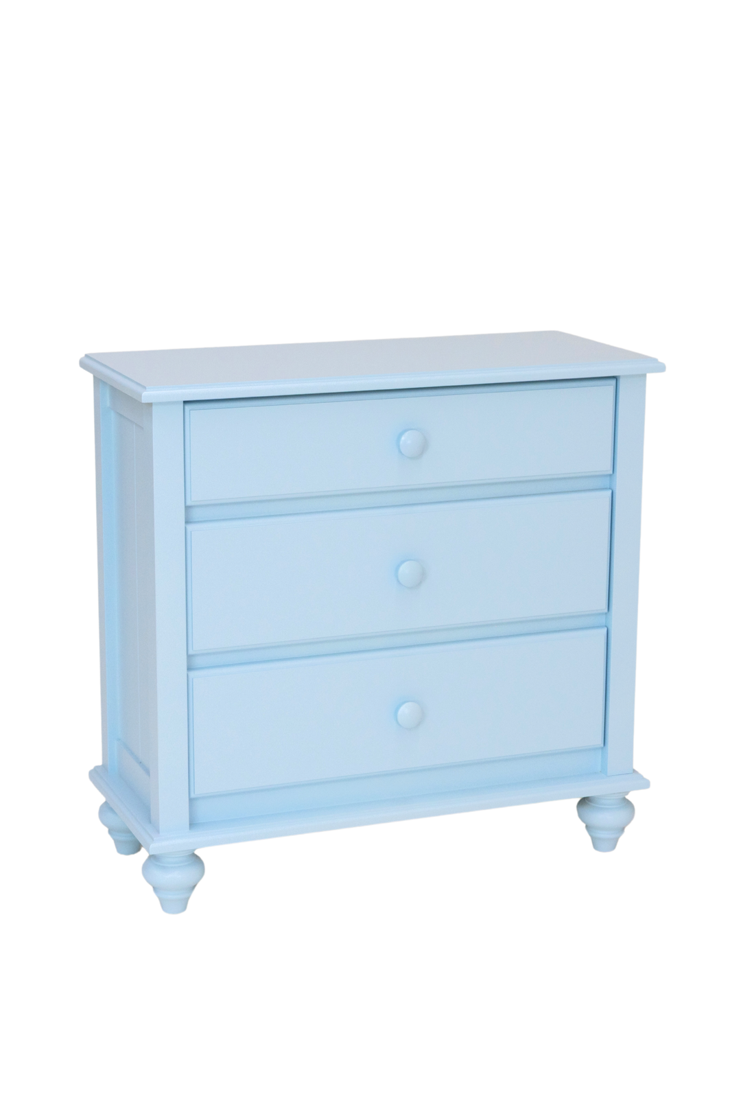 Bedside Chest with Bun Feet and Small Mushroom Knobs in Feather--Modified Dimensions