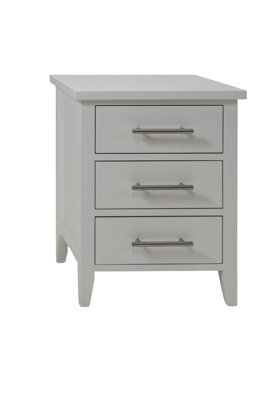 Prototype 3-Drawer Nightstand in White with Nickel Pulls